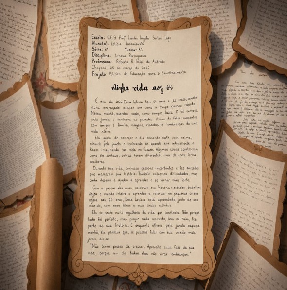 Produção textual manuscrita intitulada Minha vida aos 64